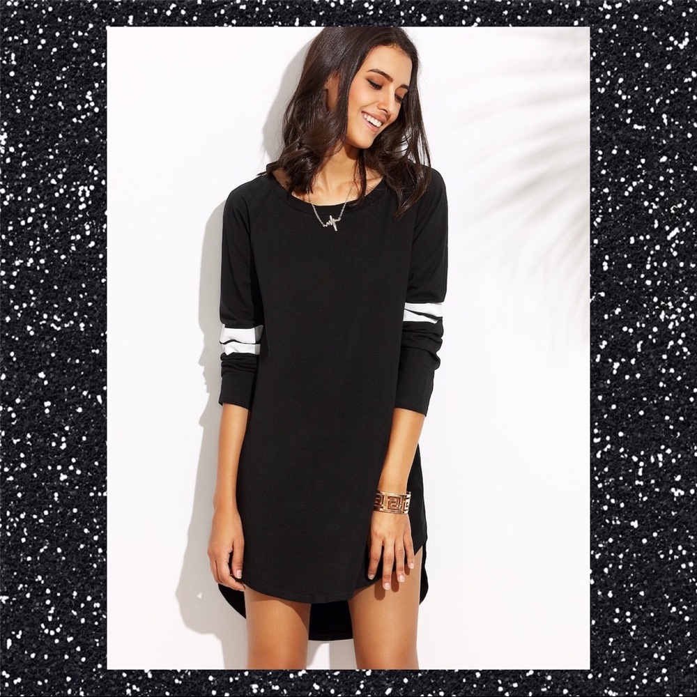 🤶BLACK AND WHITE STRIPED DIP HEM TEE DRESS SZ M🤶 - Picture 7 of 7